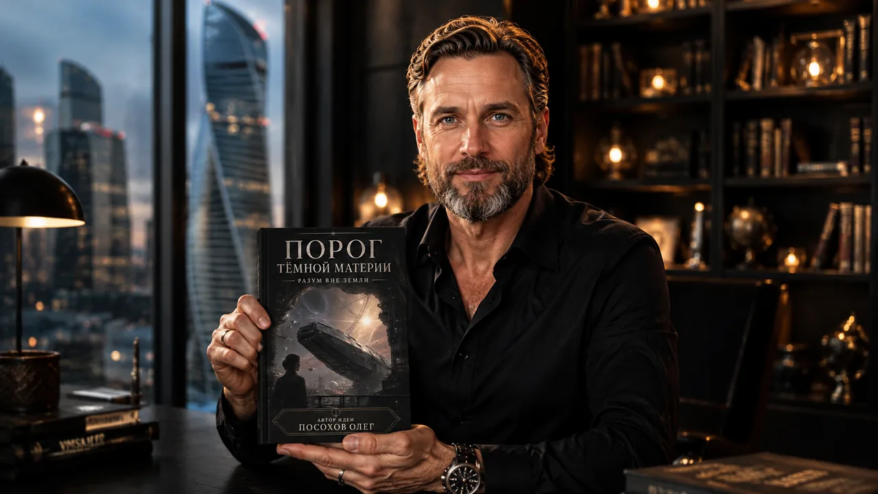 Олег Посохов держит книгу «Порог Тёмной Материи» на фоне Москва-Сити